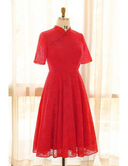 Custom Red Lace Modest Mid Length Wedding Party Dress with Collar Short Sleeves High Quality