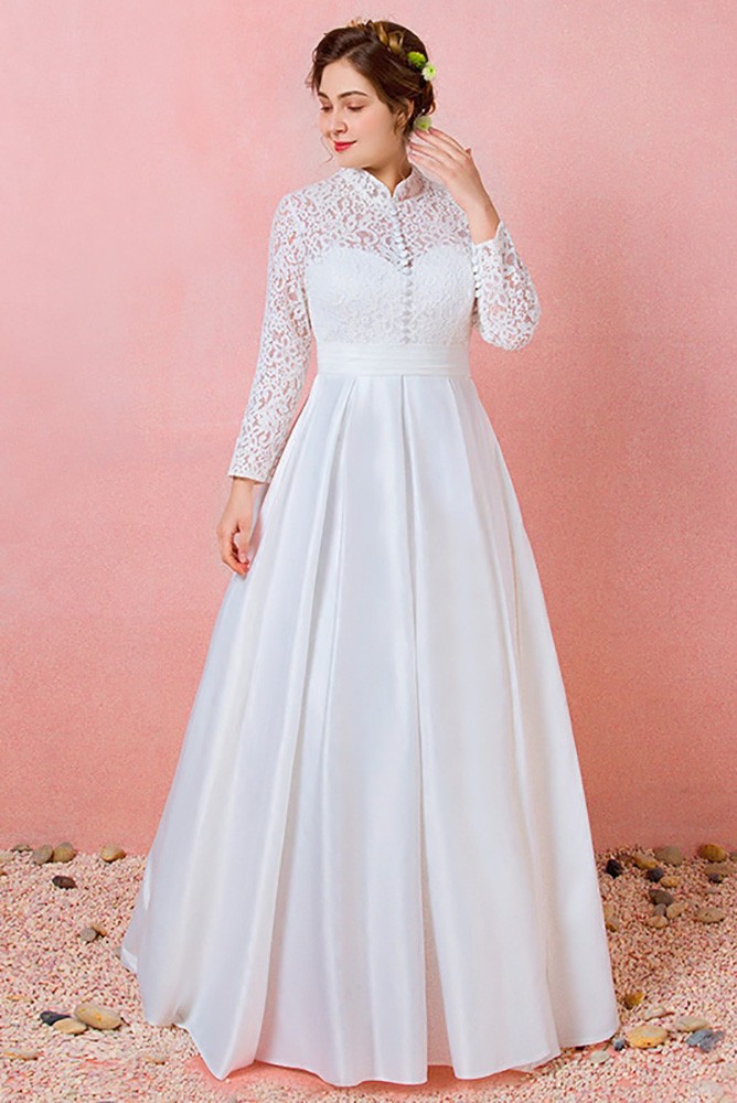 Custom Modest Lace Long Sleeves Wedding Dress with Collar Plus Size