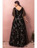 Custom Long Black Star Pattern Prom Dress Vneck with Puffy Sleeves High Quality