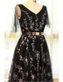 Custom Long Black Star Pattern Prom Dress Vneck with Puffy Sleeves High Quality