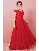 Custom Red Lace Off Shoulder Cap Sleeved Wedding Party Dress Plus Size High Quality