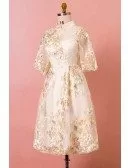Custom Embroidered Flowers Tea Length Wedding Party Dress with Half Sleeves High Quality