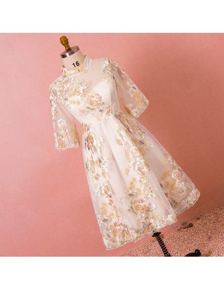 Custom Embroidered Flowers Tea Length Wedding Party Dress with Half Sleeves High Quality