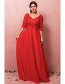 Custom Flowy Long Red Chiffon Vneck Sequined Formal Dress with Half Sleeves Plus Size High Quality