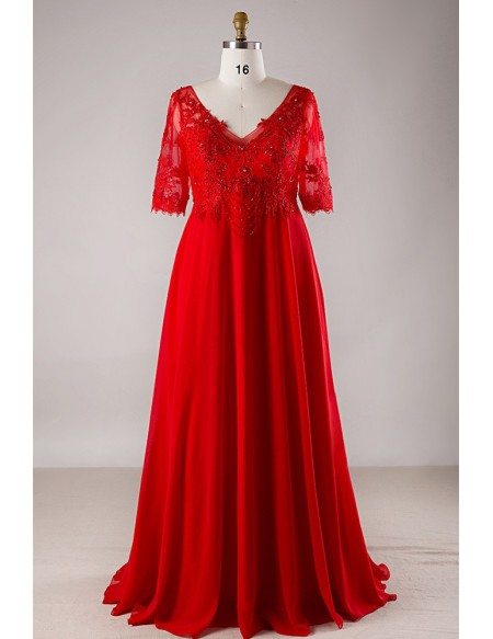 Custom Flowy Long Red Chiffon Vneck Sequined Formal Dress with Half ...