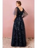 Custom Navy Blue Vneck Star Pattern Prom Dress with Puffy Sleeves Plus Size High Quality