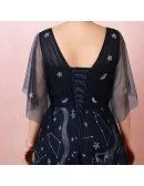 Custom Navy Blue Vneck Star Pattern Prom Dress with Puffy Sleeves Plus Size High Quality