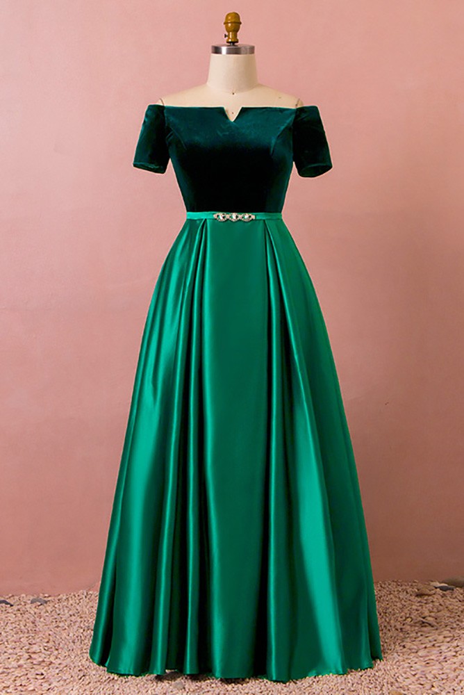 Custom Formal Green Satin with Velvet Evening Dress with Sleeves High ...