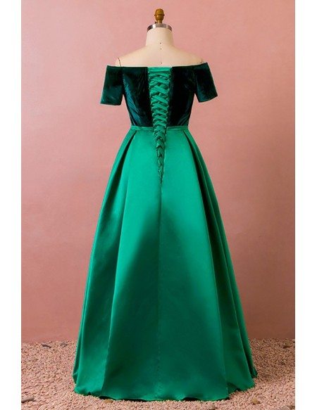 Custom Formal Green Satin with Velvet Evening Dress with Sleeves High Quality
