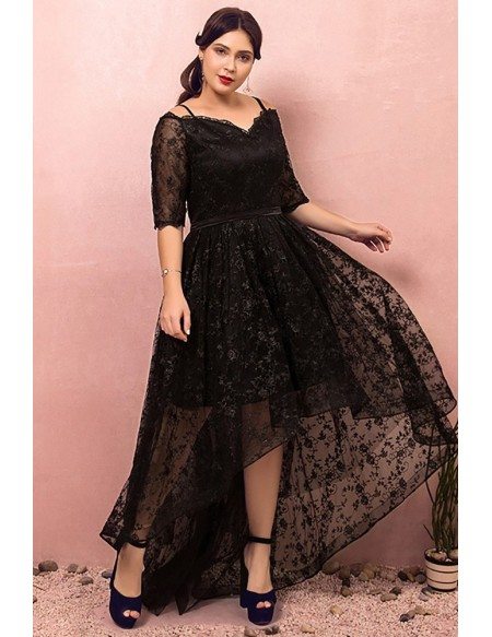 Custom Black Lace High Low Party Dress with Short Sleeves High Quality