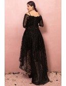 Custom Black Lace High Low Party Dress with Short Sleeves High Quality