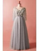 Custom Elegant Grey Vneck Formal Party Dress with Petals Tulle Sleeves High Quality