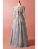 Custom Elegant Grey Vneck Formal Party Dress with Petals Tulle Sleeves High Quality
