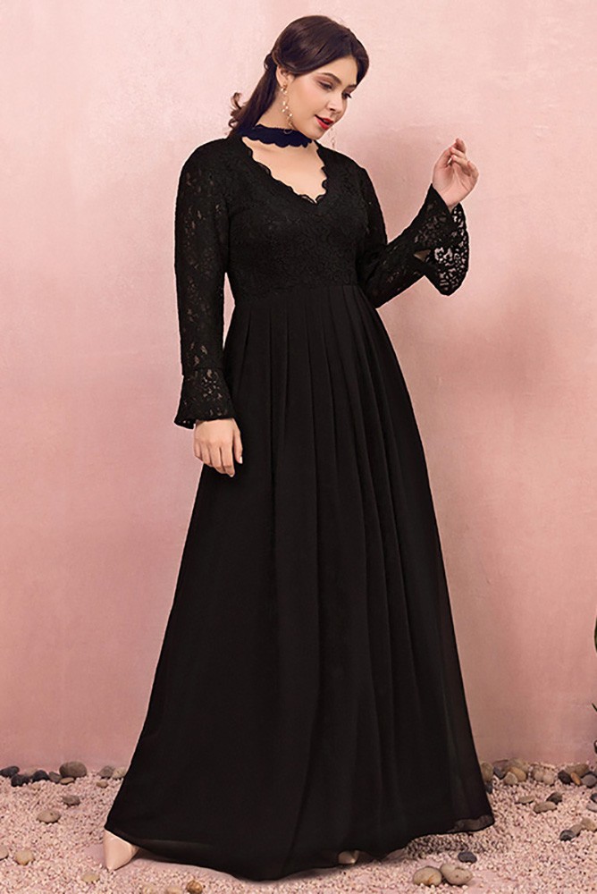 Custom Long Black Halter Chiffon Lace Formal Dress Vneck with Long ...