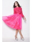 Modest Fuschia Long Sleeves Lace Tulle Graduation Dresses in Short