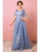 Custom Dusty Blue Pleated Vneck Formal Dress with Birds Embroidery Plus Size High Quality