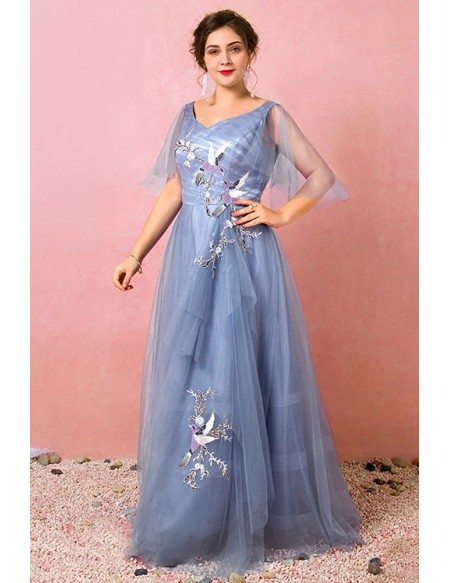 Custom Dusty Blue Pleated Vneck Formal Dress with Birds Embroidery Plus Size High Quality