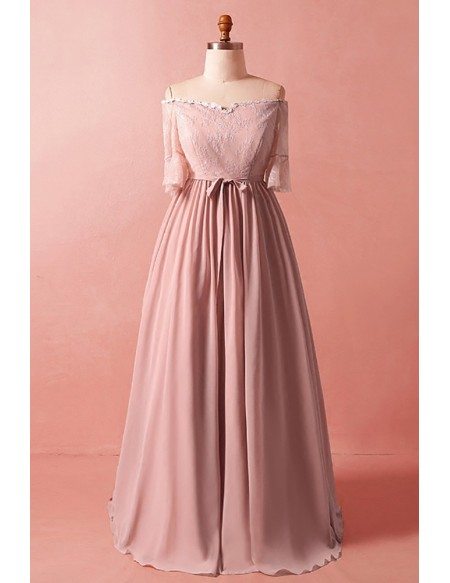 Custom Pink Lace Chiffon Elegant Formal Dress with Off Shoulder Sleeves ...