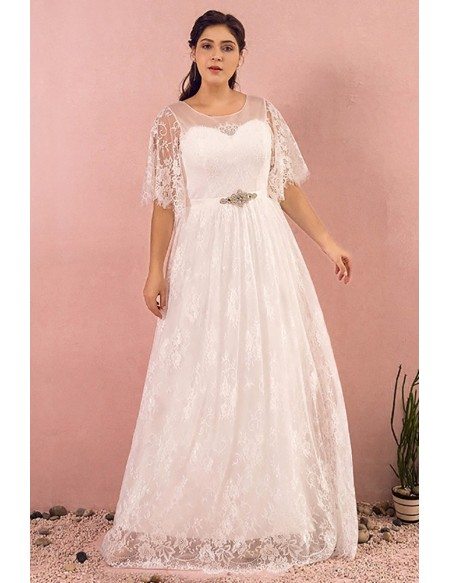 Custom Elegant Ivory Full Lace Wedding Dress with Puffy Lace Sleeves Plus Size High Quality