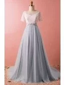 Custom Elegant Grey Tulle Formal Dress Modest with Removable Lace Jacket High Quality