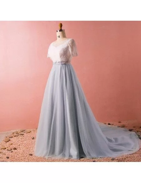 Custom Elegant Grey Tulle Formal Dress Modest with Removable Lace Jacket High Quality