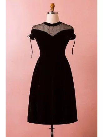 Custom Retro Little Black Party Dress with Illusion Neckline High Quality