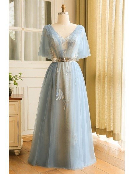 Custom Unique Blue Beaded Fish Pattern Tulle Prom Dress with Puffy Sleeves High Quality