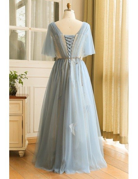 Custom Unique Blue Beaded Fish Pattern Tulle Prom Dress with Puffy Sleeves High Quality