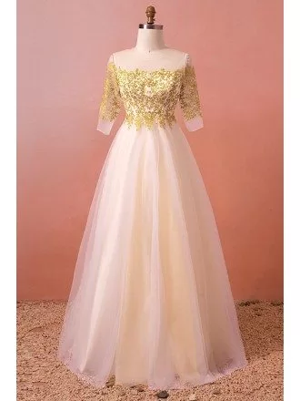 Custom Gold Embroidery Long Tulle Modest Formal Dress with Illusion Neckline Sleeves High Quality