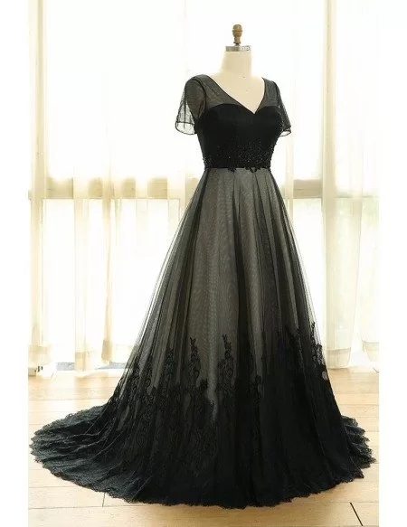 Custom Formal Long Black Lace Evening Party Dress Vneck with Short ...