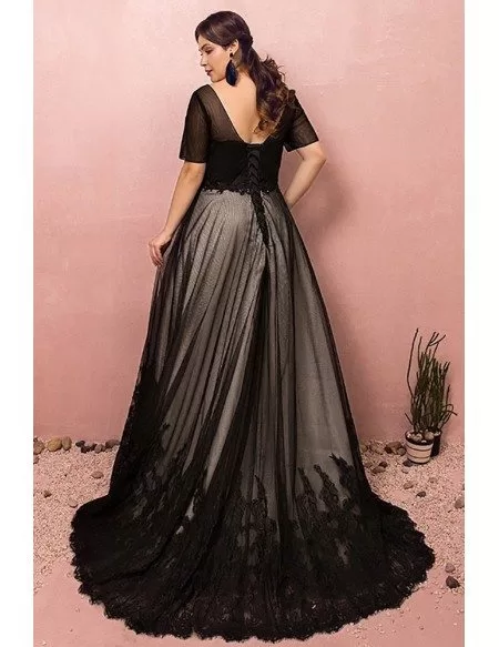 Custom Formal Long Black Lace Evening Party Dress Vneck with Short Sleeves High Quality