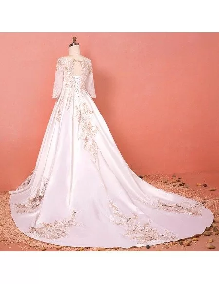 Custom Luxury Golden Lace Modest Wedding Dress with Sleeves Long Train High Quality
