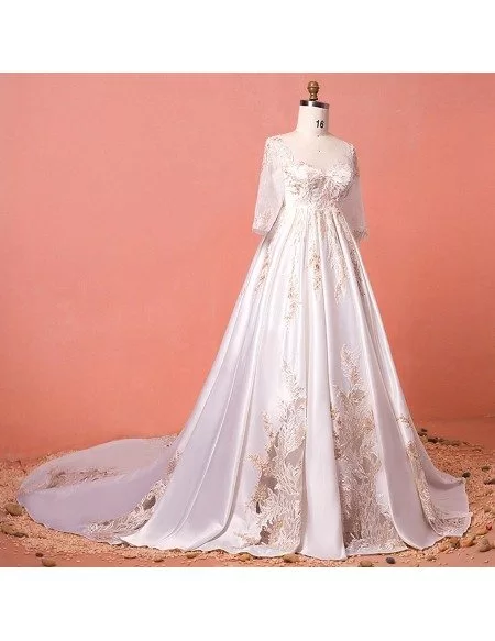 Custom Luxury Golden Lace Modest Wedding Dress with Sleeves Long Train High Quality