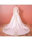 Custom Luxury Golden Lace Modest Wedding Dress with Sleeves Long Train High Quality
