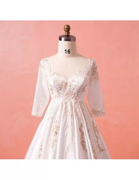Custom Luxury Golden Lace Modest Wedding Dress with Sleeves Long Train High Quality