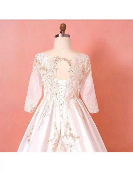 Custom Luxury Golden Lace Modest Wedding Dress with Sleeves Long Train High Quality
