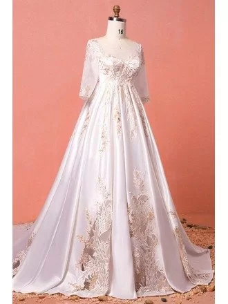 Custom Luxury Golden Lace Modest Wedding Dress with Sleeves Long Train High Quality