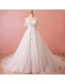 Custom Illusion Neck Beaded Lace Formal Wedding Dress with Puffy Sleeves High Quality