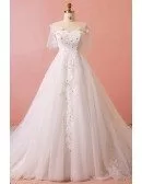 Custom Illusion Neck Beaded Lace Formal Wedding Dress with Puffy Sleeves High Quality