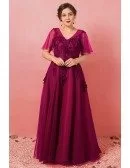Custom Vneck Modest Beaded Flowers Formal Party Dress with Puffy Sleeves Plus Size High Quality