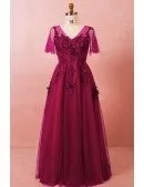 Custom Vneck Modest Beaded Flowers Formal Party Dress with Puffy Sleeves Plus Size High Quality