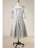 Custom Grey Lace Vneck Tea Length Wedding Party Dress with 3/4 Sleeves