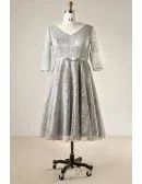 Custom Grey Lace Vneck Tea Length Wedding Party Dress with 3/4 Sleeves