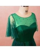 Custom Beaded Pearls Green Mid Length Party Dress with Sheer Neck Puffy Sleeves Plus Size High Quality