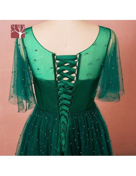 Custom Beaded Pearls Green Mid Length Party Dress with Sheer Neck Puffy Sleeves Plus Size High Quality