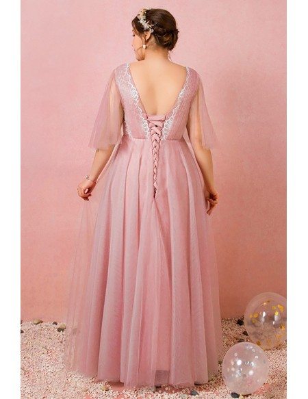 Custom Pleated Pink Tulle Gorgeous Wedding Party Dress with Puffy Sleeves High Quality