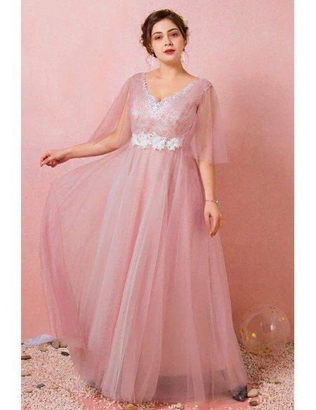 Custom Pleated Pink Tulle Gorgeous Wedding Party Dress with Puffy Sleeves High Quality