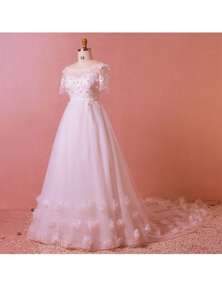 Custom Romantic Petals Long Train Wedding Dress Illusion Neck with Sleeves High Quality