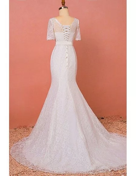 Custom Fitted Mermaid Lace Vneck Wedding Dress Laceup with Short Sleeves