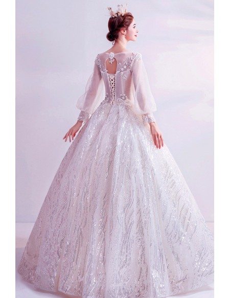 Bling Sequins Dreamy Ballgown Wedding Formal Dress With Long Sleeves